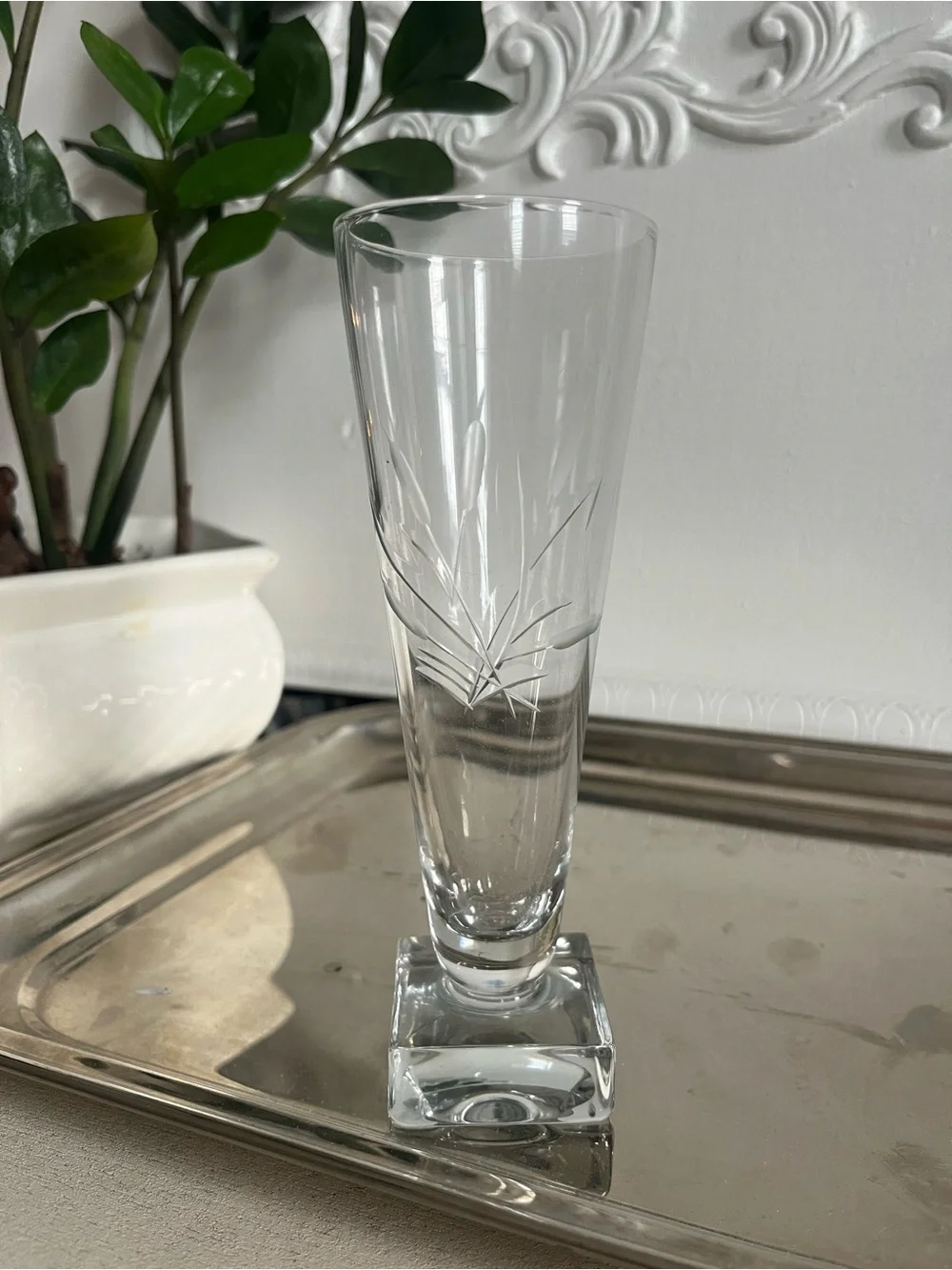 Unique Vintage Clear Etched Square-Base Flute Glasses